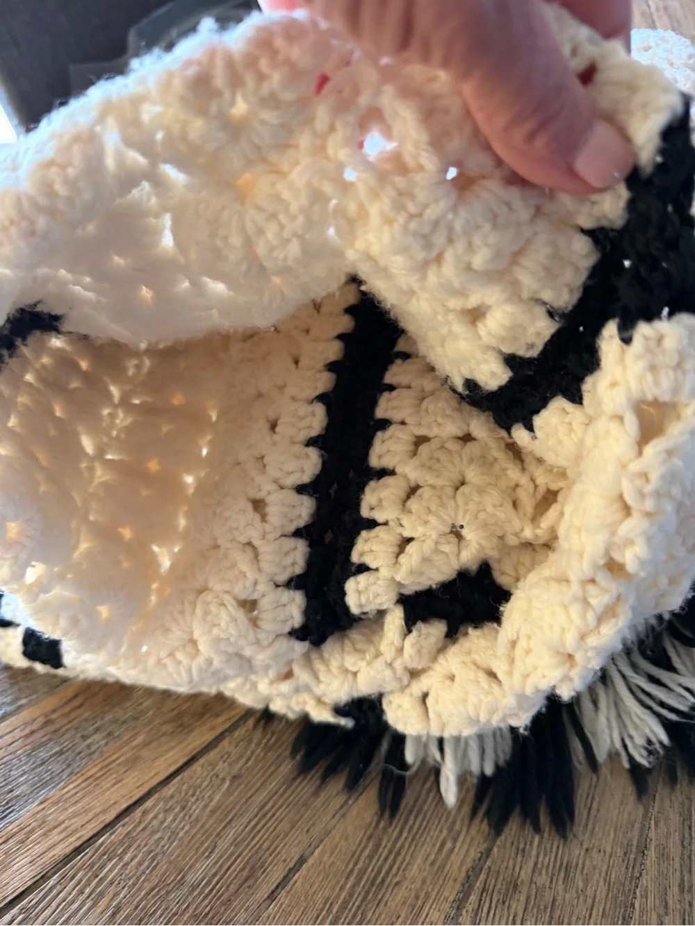 Vintage Handmade Crochet Throw Blanket Afghan Black & white Striped Fringe 63x46